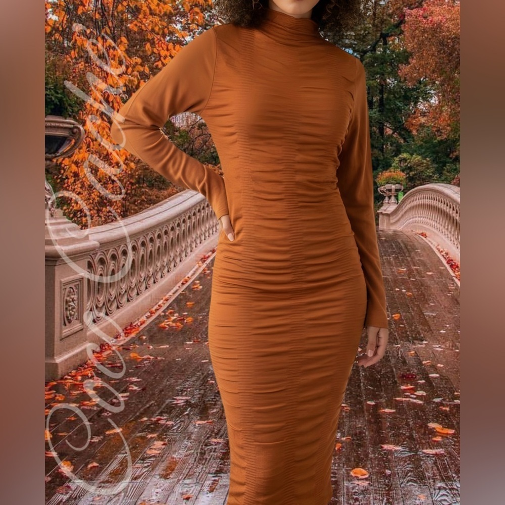 Rusty Orange Bodycon Long Sleeves Midi Sweater Dress - Picture 2 of 8